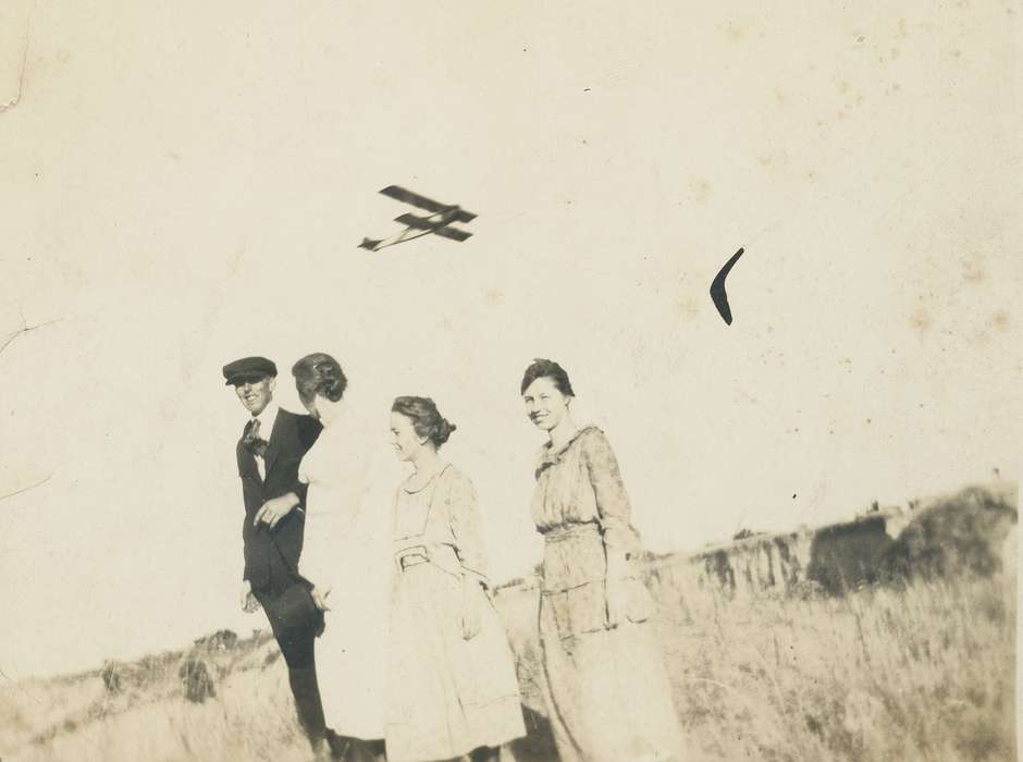 Motorized Vehicles, history of Iowa, airplane, Iowa History, newsboy cap, sky, Iowa, Landscapes, Crisman, Hannah, flying, Portraits - Group