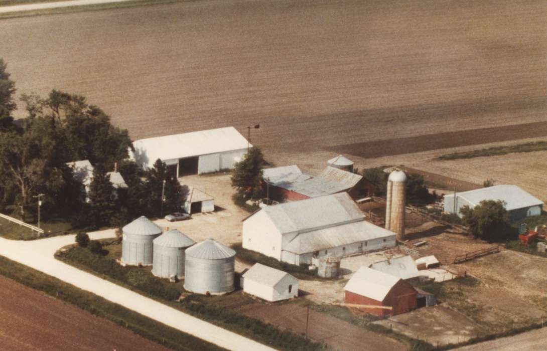 Barns, history of Iowa, silo, Campbell, Gloria, Dunkerton, IA, Iowa, Iowa History, Farms, Aerial Shots