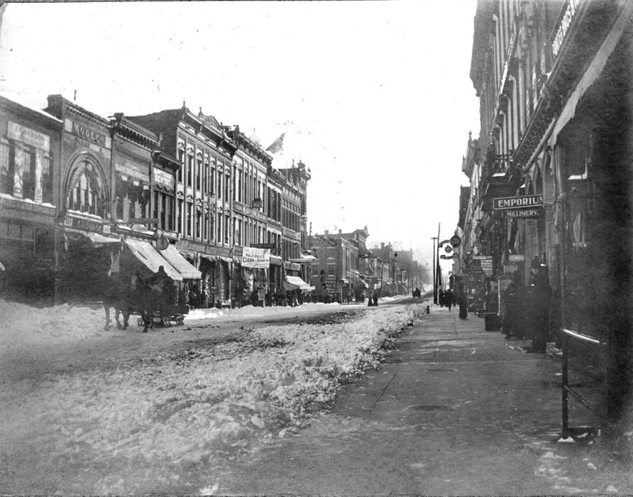 Ottumwa, IA, snow, history of Iowa, Iowa History, Winter, Businesses and Factories, Main Streets & Town Squares, Animals, Cities and Towns, Iowa, Lemberger, LeAnn, dirt street, horse, emporium