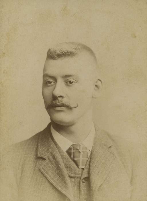 mustache, man, Portraits - Individual, tie, history of Iowa, Des Moines, IA, Olsson, Ann and Jons, handlebar mustache, Iowa, Iowa History, vest, cabinet photo