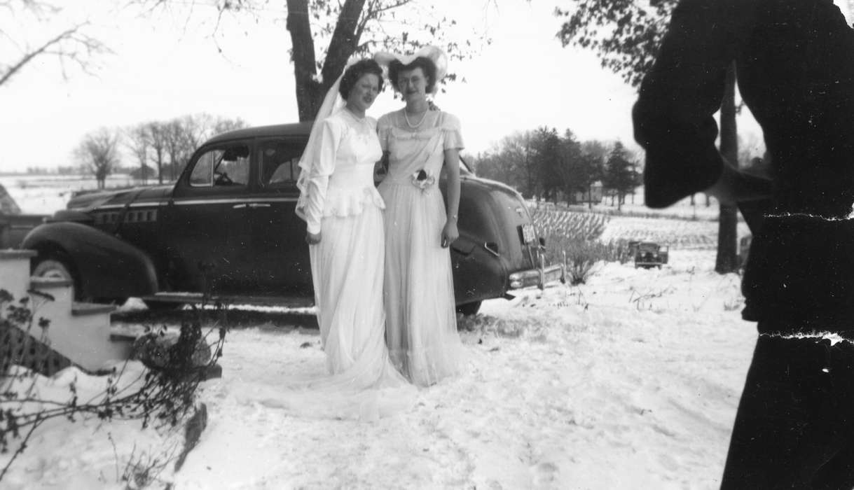 Shaw, Marilyn, Winter, Hopkinton, IA, history of Iowa, bride, car, Iowa, Iowa History, camera, photographer, Weddings, Motorized Vehicles, snow, Portraits - Group