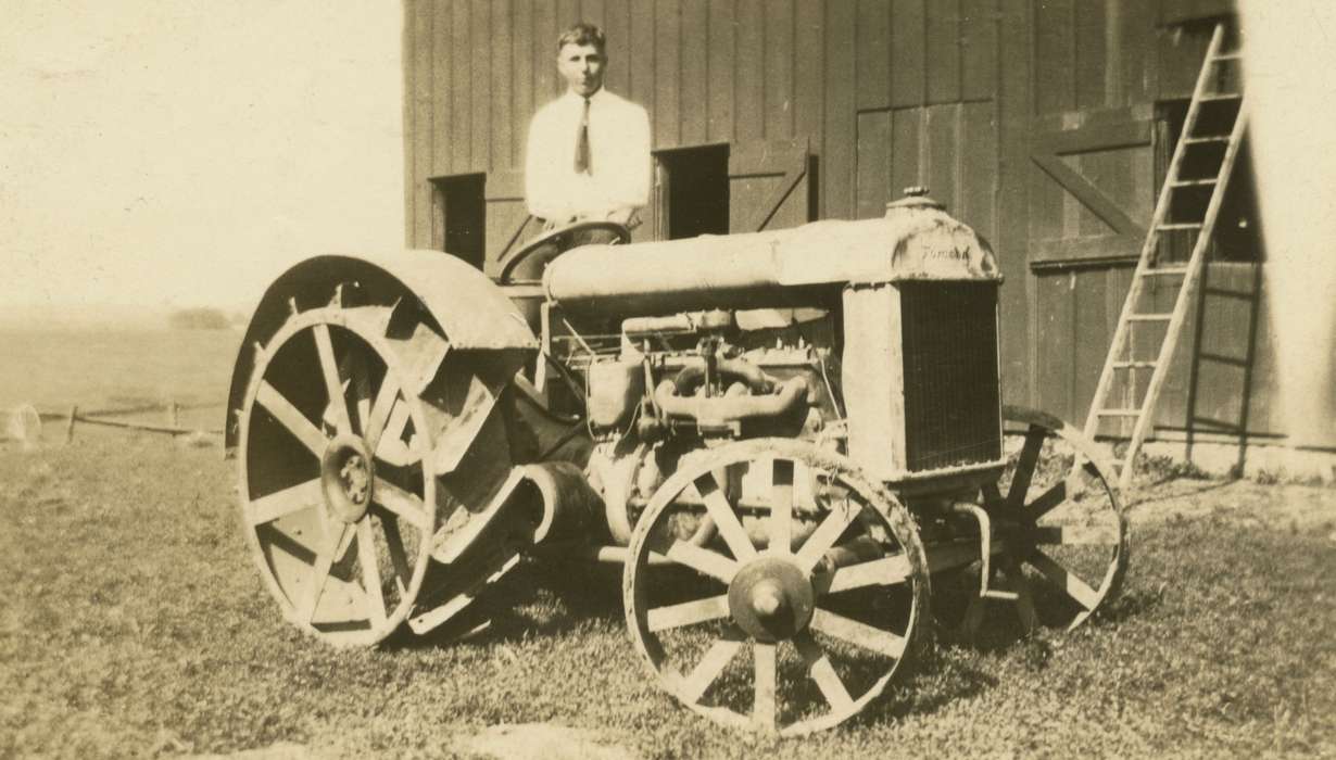Barns, Iowa, Portraits - Individual, Iowa History, Farming Equipment, Motorized Vehicles, Walcott, IA, Aust, Kim, history of Iowa, tractor, Farms