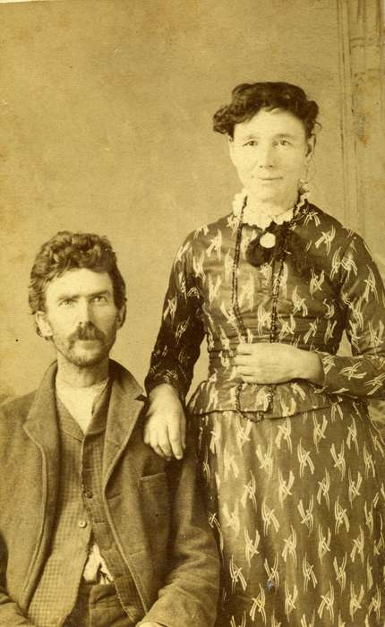 carte de visite, lace collar, man, vest, necklace, Iowa History, sack coat, Washington, IA, Olsson, Ann and Jons, dress, couple, woman, brooch, mustache, history of Iowa, Portraits - Group, Iowa
