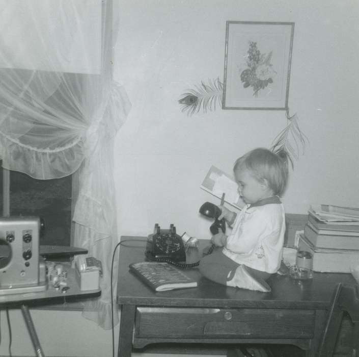 sewing machine, desk, Children, history of Iowa, Kearns, Kim, Decorah, IA, Iowa, toddler, Iowa History, telephone