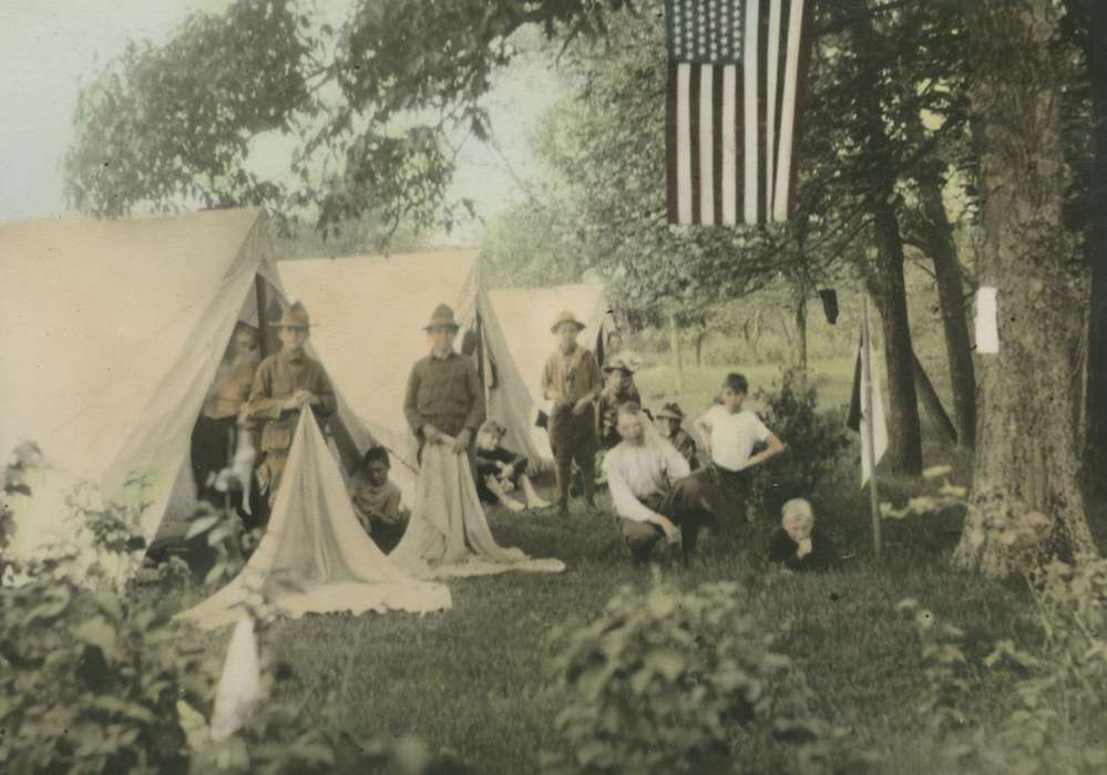 boy scouts, history of Iowa, camp, Webster City, IA, Iowa History, american flag, Outdoor Recreation, Children, tent, Iowa, colorized, McMurray, Doug, patriotism, Portraits - Group
