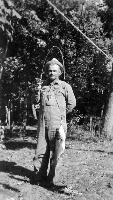 Portraits - Individual, fishing pole, Iowa History, history of Iowa, Iowa, fish, overalls, Leisure, Flathers, Claudia, Marshall County, IA, fishing, Lakes, Rivers, and Streams