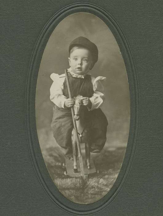 horse, boy, IA, toy, history of Iowa, Portraits - Individual, hat, Olsson, Ann and Jons, Iowa, Iowa History, toddler, cabinet photo