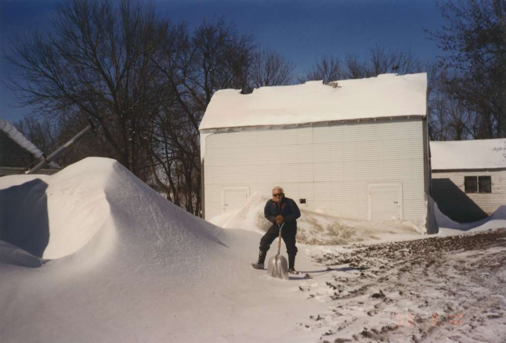 Portraits - Individual, Schultes, Tom, Iowa, Winter, Dedham, IA, snow, Iowa History, history of Iowa, shovel, Farms, Barns