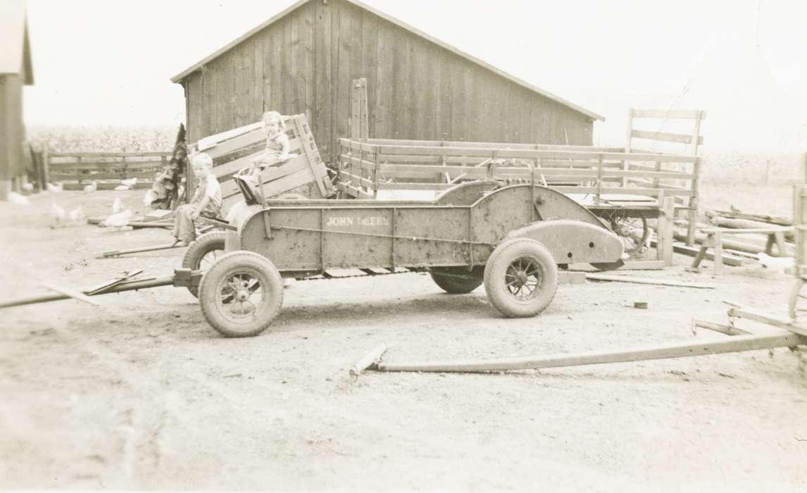 Animals, Children, history of Iowa, Farming Equipment, Iowa, Iowa History, Calmar, IA, Rear, Audrey, Farms, chickens, Portraits - Group, Barns