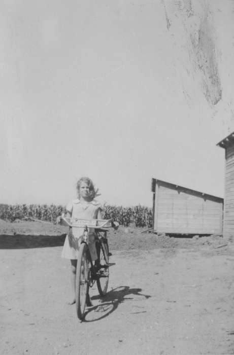 Bettendorf, IA, Farms, corn, Iowa History, Perkins, Lavonne, bicycle, Barns, Iowa, Portraits - Individual, bike, history of Iowa