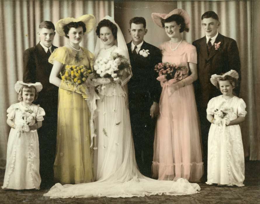 Iowa History, history of Iowa, Iowa, Weddings, Portraits - Group, bride, Shaw, Marilyn, bridal party, Cedar Falls, IA, colorized