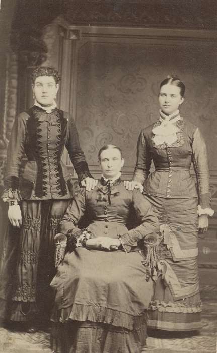 Iowa History, ruffles, history of Iowa, Iowa, Portraits - Group, Olsson, Ann and Jons, Families, Boone, IA, painted backdrop, carte de visite, lace collar, woman, family, sisters