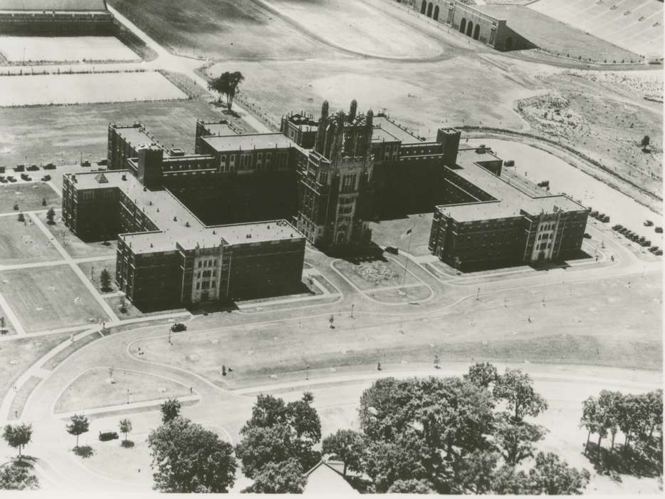 Hospitals, history of Iowa, Iowa History, Seashore Hall, gothic tower, Iowa, Iowa City, IA, university of iowa, Aerial Shots