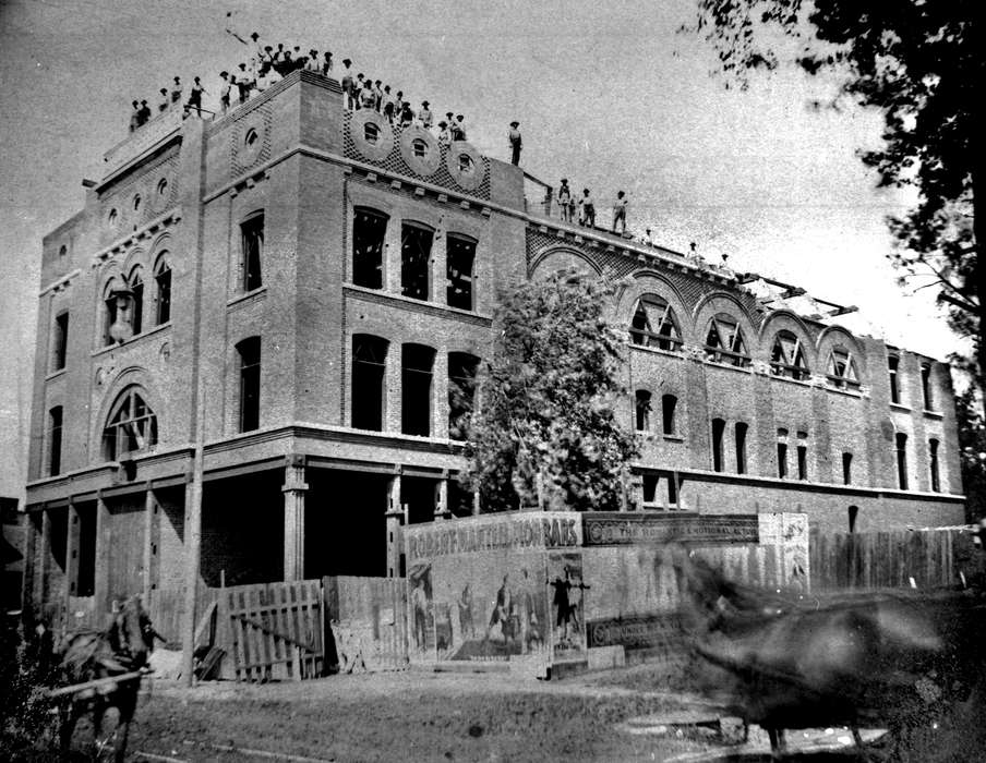 Iowa, construction, horse, Portraits - Group, Labor and Occupations, construction crew, architecture, Ottumwa, IA, Cities and Towns, Iowa History, Lemberger, LeAnn, Entertainment, opera house, history of Iowa, Animals