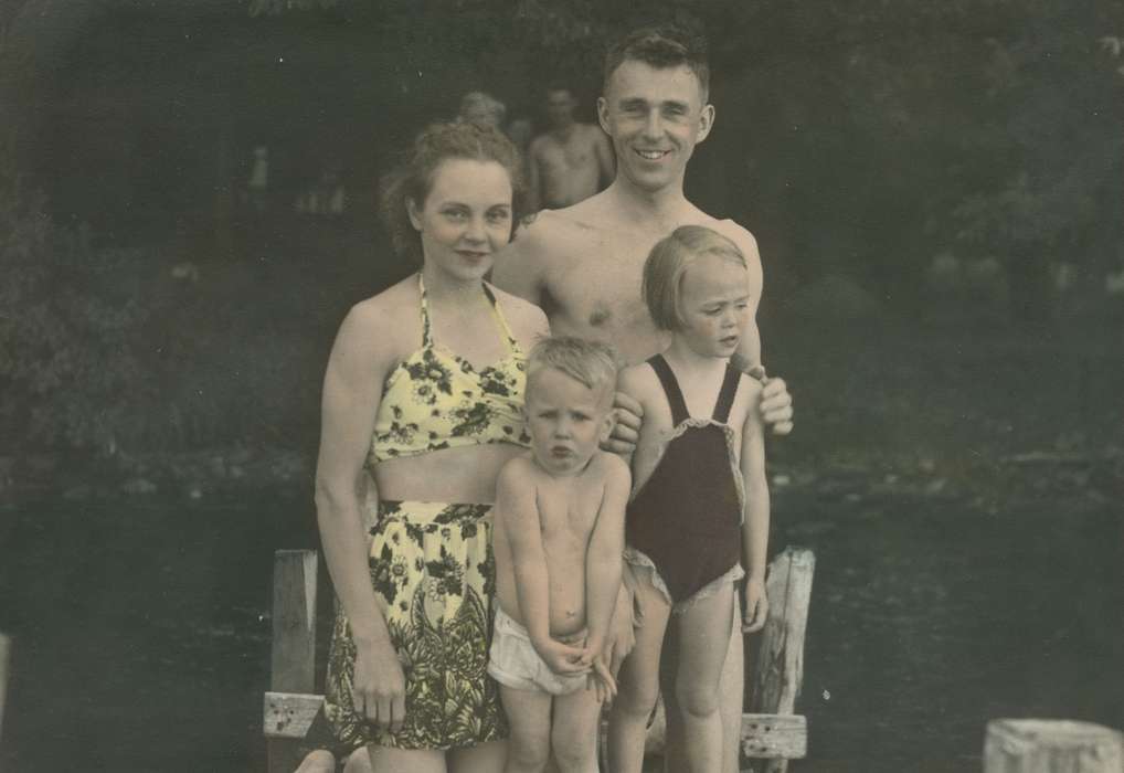 Iowa History, history of Iowa, Clear Lake, IA, Iowa, Portraits - Group, swim suit, Families, Outdoor Recreation, McMurray, Doug, colorized, Children