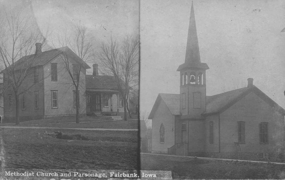 history of Iowa, Fairbank, IA, church, Cities and Towns, parsonage, Iowa, Iowa History, Religious Structures, bell, King, Tom and Kay