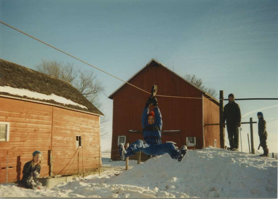 Winter, Leisure, Children, history of Iowa, Meyer, Susie, Sumner, IA, zipline, Iowa, Iowa History, Farms, snow, snowsuit, Barns