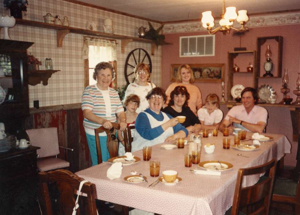 Portraits - Group, Cedar Falls, IA, Shaw, Marilyn, Iowa History, Iowa, dining room, Homes, family, history of Iowa, tea cup, dining table, Families, Food and Meals
