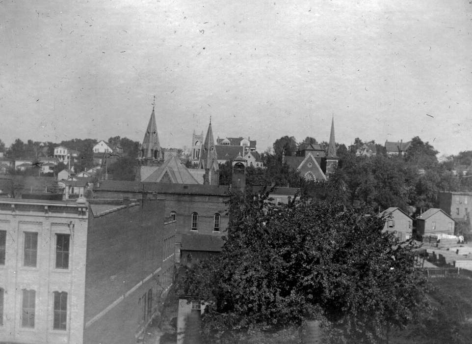 Cities and Towns, Iowa History, building, history of Iowa, Iowa, Lemberger, LeAnn, Ottumwa, IA, Homes, tree, town, Religious Structures, steeple