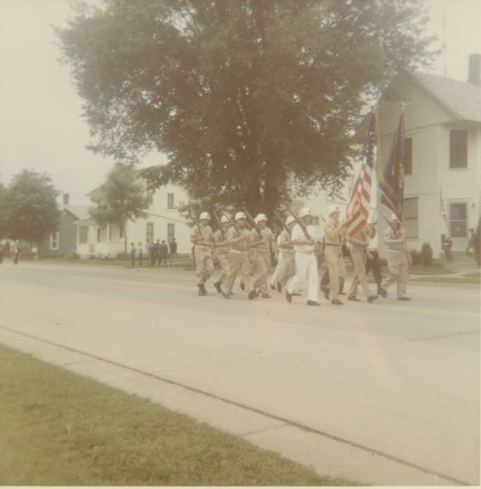 Military and Veterans, history of Iowa, Iowa, flag, soldier, Cities and Towns, parade, Cigrand, Mariann, Freeport, IL, Iowa History, gun, uniform