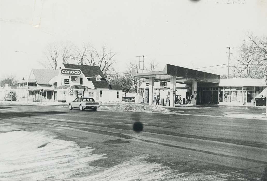 Businesses and Factories, homes, Iowa History, car, Waverly, IA, Winter, Iowa, Waverly Public Library, winter, Cities and Towns, history of Iowa, gas station, Motorized Vehicles