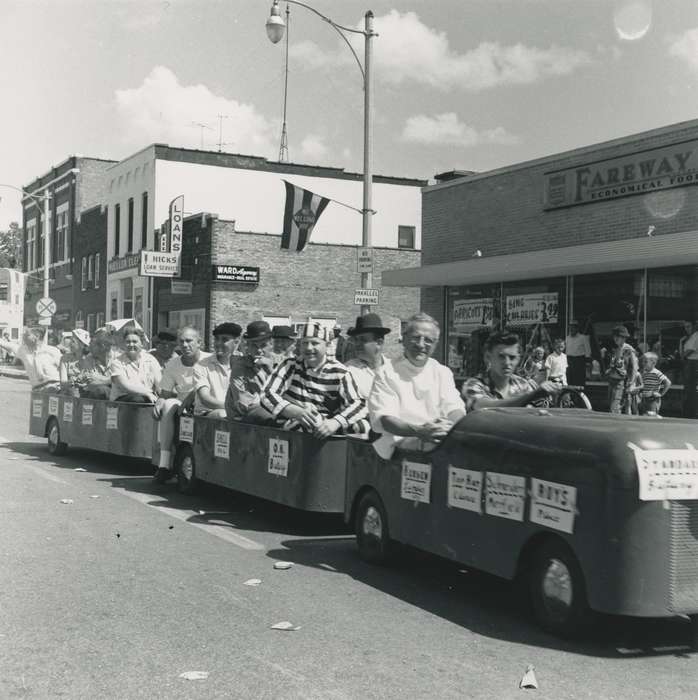 Fairs and Festivals, brick building, flag, Waverly Public Library, street sign, Iowa History, Portraits - Group, Waverly, IA, Main Streets & Town Squares, crowd, correct date needed, Iowa, costume, history of Iowa, Motorized Vehicles, Businesses and Factories