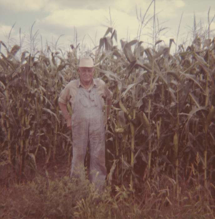 history of Iowa, hat, overalls, Farms, Portraits - Individual, cornfield, Iowa, Iowa History, Yezek, Jody, St. Ansgar, IA