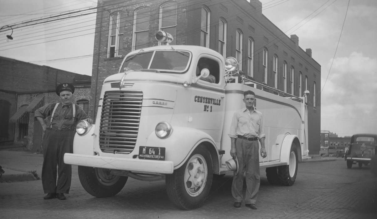 Cities and Towns, Lemberger, LeAnn, Iowa History, Centerville, IA, fire engine, firefighter, Labor and Occupations, Iowa, history of Iowa, Motorized Vehicles