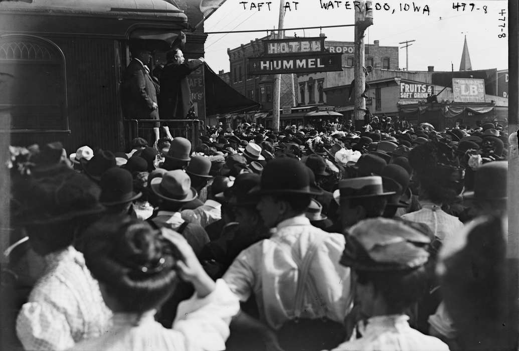 Library of Congress, Cities and Towns, Iowa History, crowd, president, Businesses and Factories, Iowa, history of Iowa, Entertainment, Main Streets & Town Squares, train car, Train Stations, Civic Engagement, campaign, william howard taft