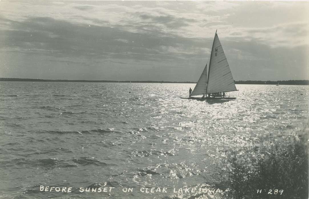 Palczewski, Catherine, Landscapes, Iowa History, history of Iowa, Lakes, Rivers, and Streams, sunset, Iowa, sailboat, boat, Clear Lake, IA, Outdoor Recreation