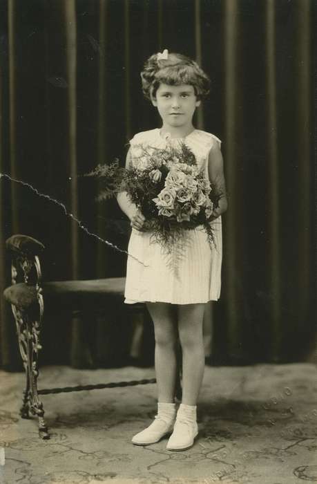 dress, USA, bouquet, bench, Portraits - Individual, Children, Iowa, Wilson, Dorothy, Iowa History, history of Iowa, socks, curtain