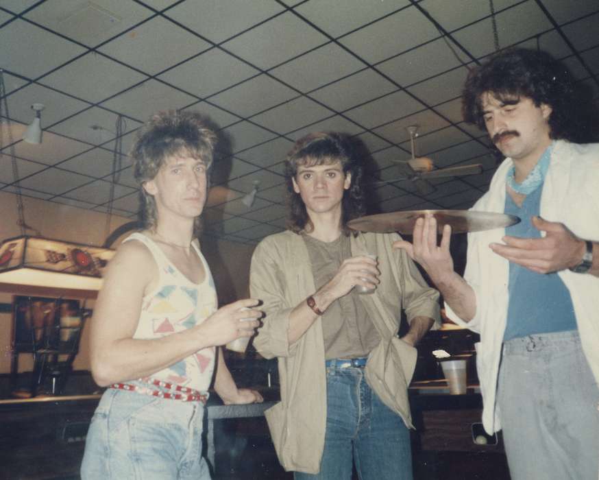 hairstyle, miller lite, mullet, beer, musicians, mustache, Iowa History, Leisure, Portraits - Group, Iowa, IA, bar, Businesses and Factories, Joblinske, Sandy, Entertainment, cymbol, denim, history of Iowa, tank top