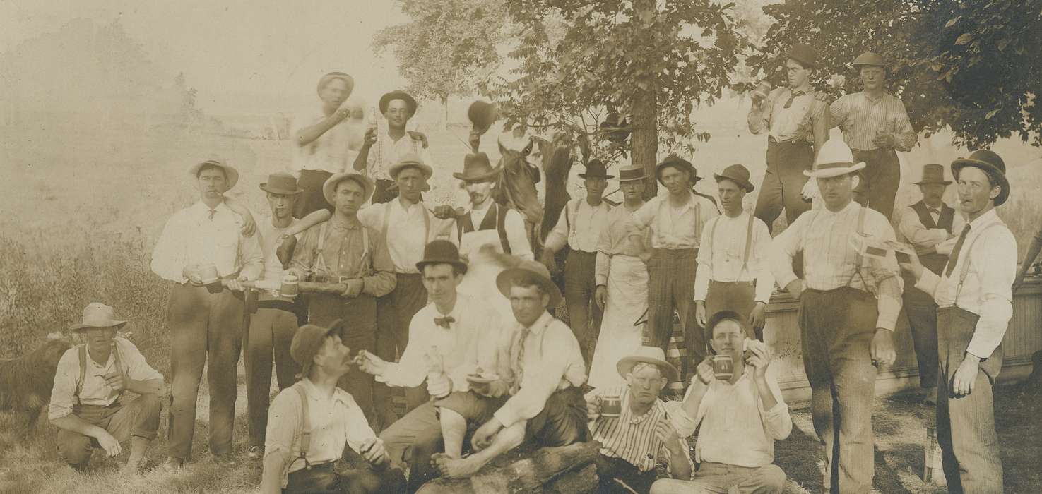 history of Iowa, Entertainment, pipe, Iowa History, suspenders, top hat, mug, Waverly, IA, Waverly Public Library, correct date needed, men, Iowa, alcohol