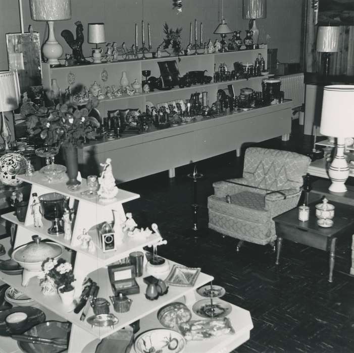 dishes, lamp, tchotchke, ashtray, Iowa History, plate, bowl, Iowa, Waverly Public Library, history of Iowa, armchair, table, knickknack, correct date needed, salt shaker, display, Waverly, IA, Businesses and Factories, candle