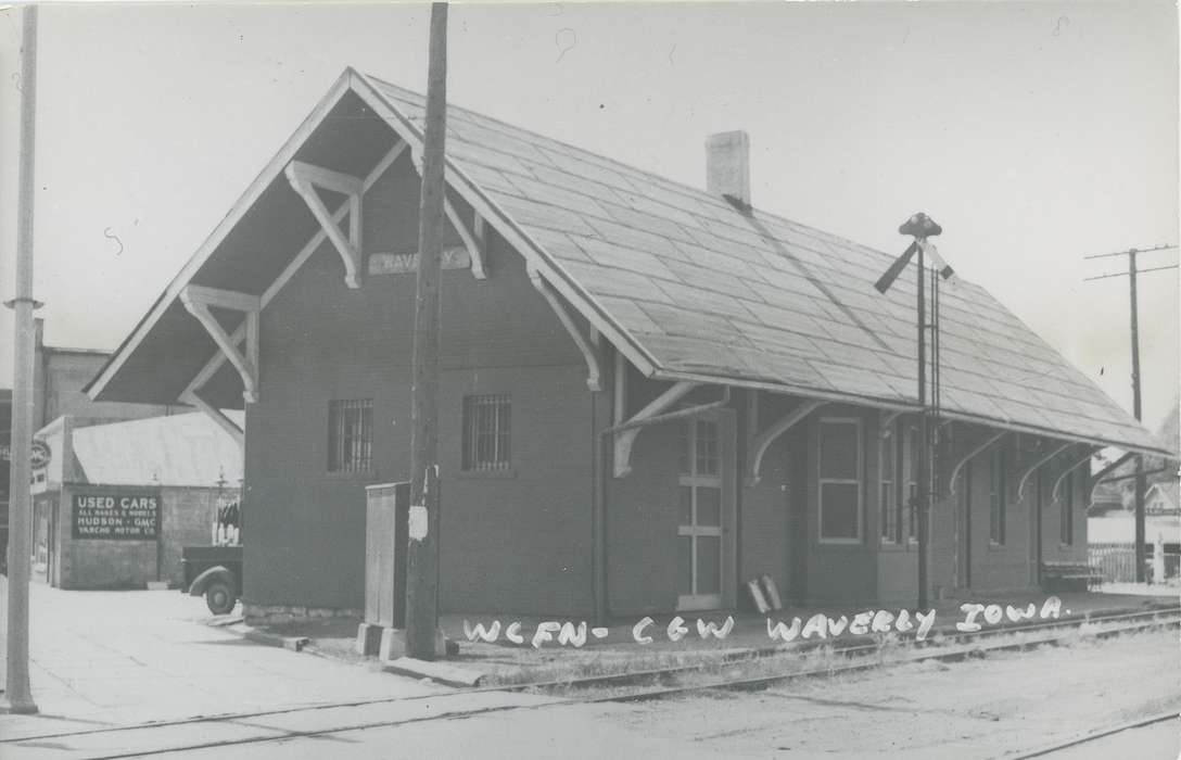 Iowa History, used cars, Iowa, barred windows, history of Iowa, train station, Meyer, Mary, train tracks, Train Stations, power lines