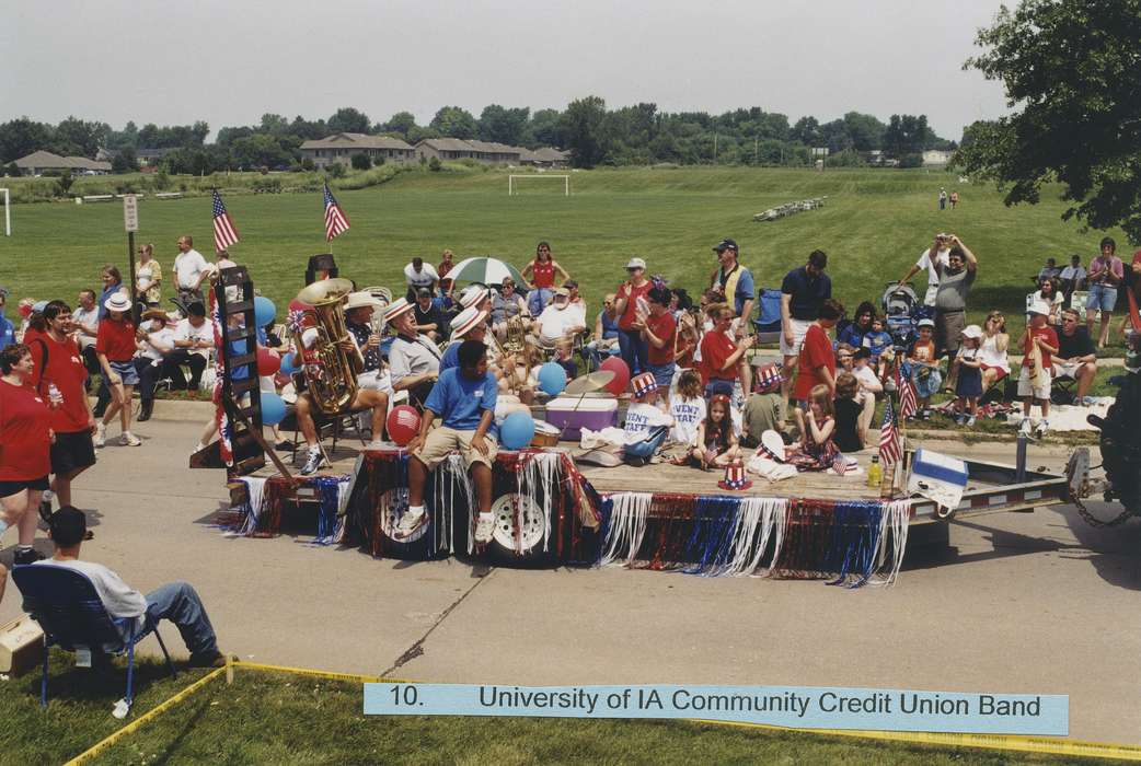 Holidays, Fairs and Festivals, Johnson County Historical Society, boater hat, parade, parade float, Children, band, fourth of july, credit union