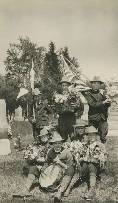 boy scout, history of Iowa, Webster City, IA, flag, Children, Iowa, Iowa History, Cemeteries and Funerals, Civic Engagement, McMurray, Doug, Portraits - Group, flower, drum