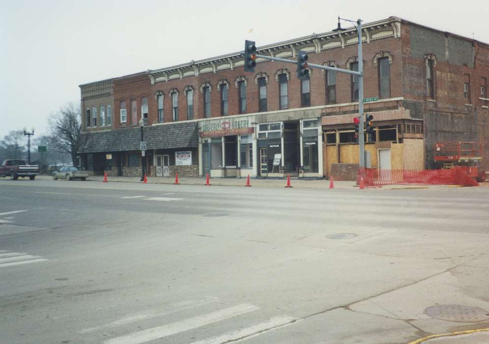 Businesses and Factories, Iowa, Waverly Public Library, Main Streets & Town Squares, Motorized Vehicles, storefront, street corner, Iowa History, history of Iowa, Cities and Towns, reconstruction