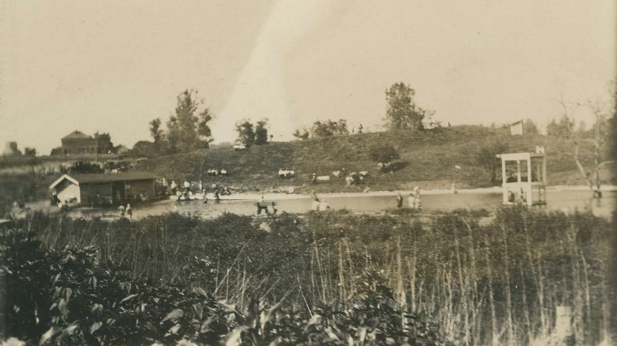 Families, water, Lakes, Rivers, and Streams, Outdoor Recreation, diving board, Portraits - Group, bench, Children, Coon Rapids Enterprise, Cities and Towns