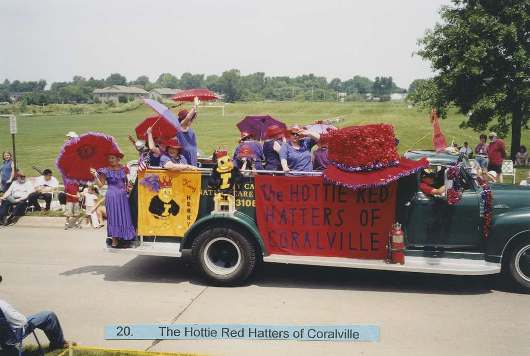 Holidays, iowa hawkeyes, Fairs and Festivals, Johnson County Historical Society, mascot, parade, red hat society, Motorized Vehicles, parade float, fourth of july, umbrella