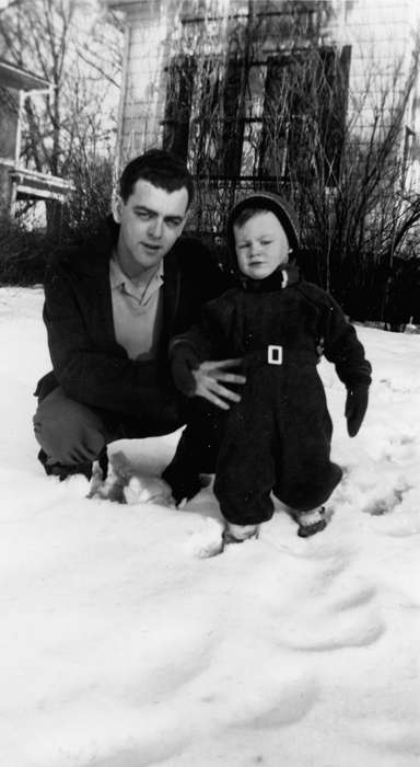 Hatcher, Darlene, Winter, Children, father, snow suit, Iowa History, Portraits - Group, Families, snow, Iowa, history of Iowa, USA