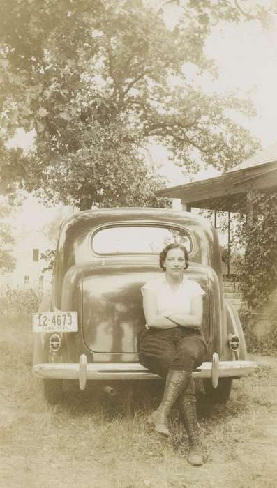 woman, Iowa History, car, Elderkin, Don, Portraits - Individual, Iowa, history of Iowa, IA, tree, Motorized Vehicles, boots, house