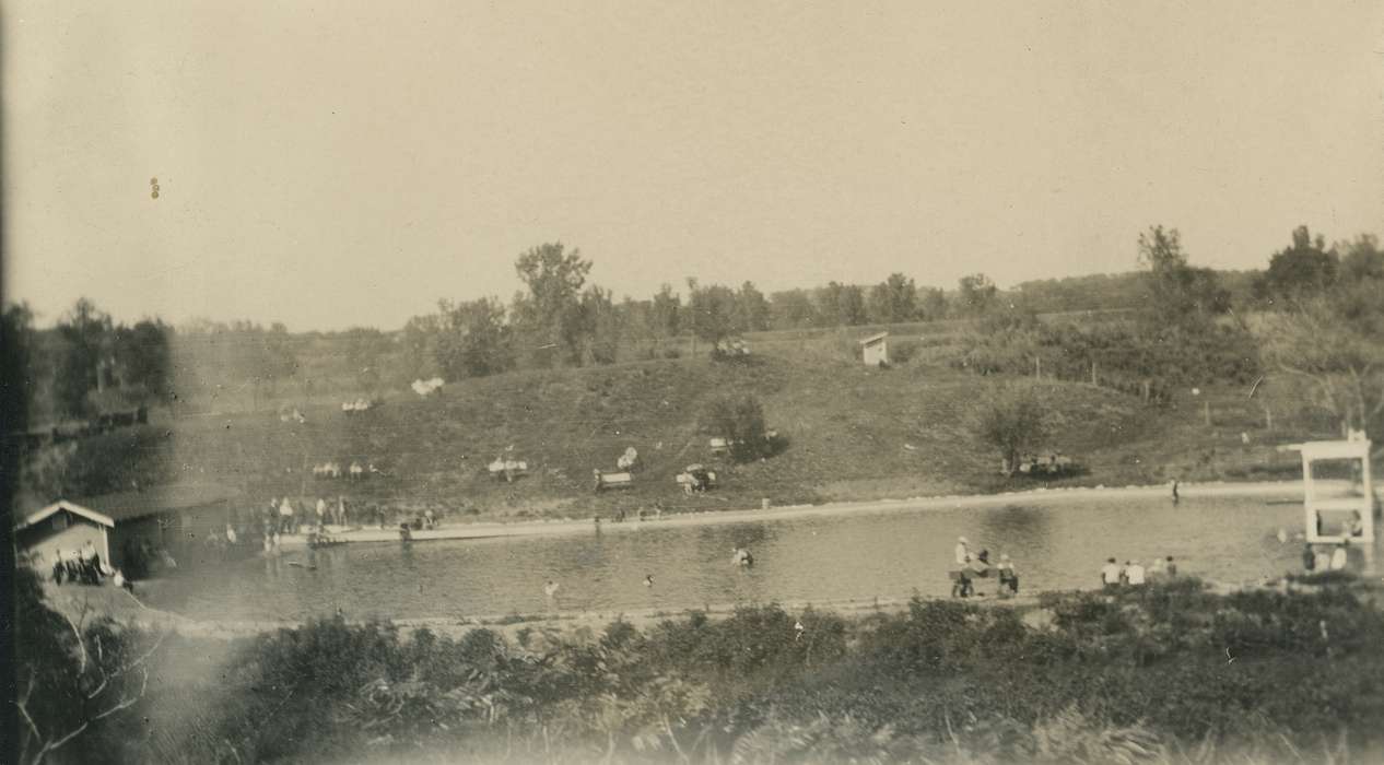 Families, water, Lakes, Rivers, and Streams, Outdoor Recreation, diving board, Portraits - Group, bench, Children, Coon Rapids Enterprise, Cities and Towns