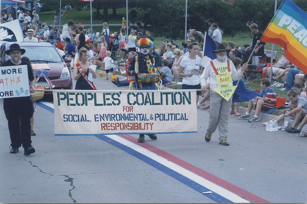 parade, ia, clown, sash, Johnson, Coralville, necktie, flag, sign, Civic Engagement, Iowa, historic, Holidays, Photos, history, Fairs and Festivals, fourth of july, Johnson County Historical Society, hat, wig, drum, United States, banner, IA
