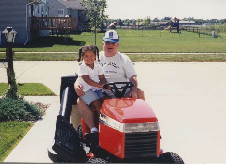lawn mower, african american, Cities and Towns, Children, driveway, Iowa History, Portraits - Group, Theis, Virginia, Iowa, history of Iowa, IA, People of Color, Motorized Vehicles