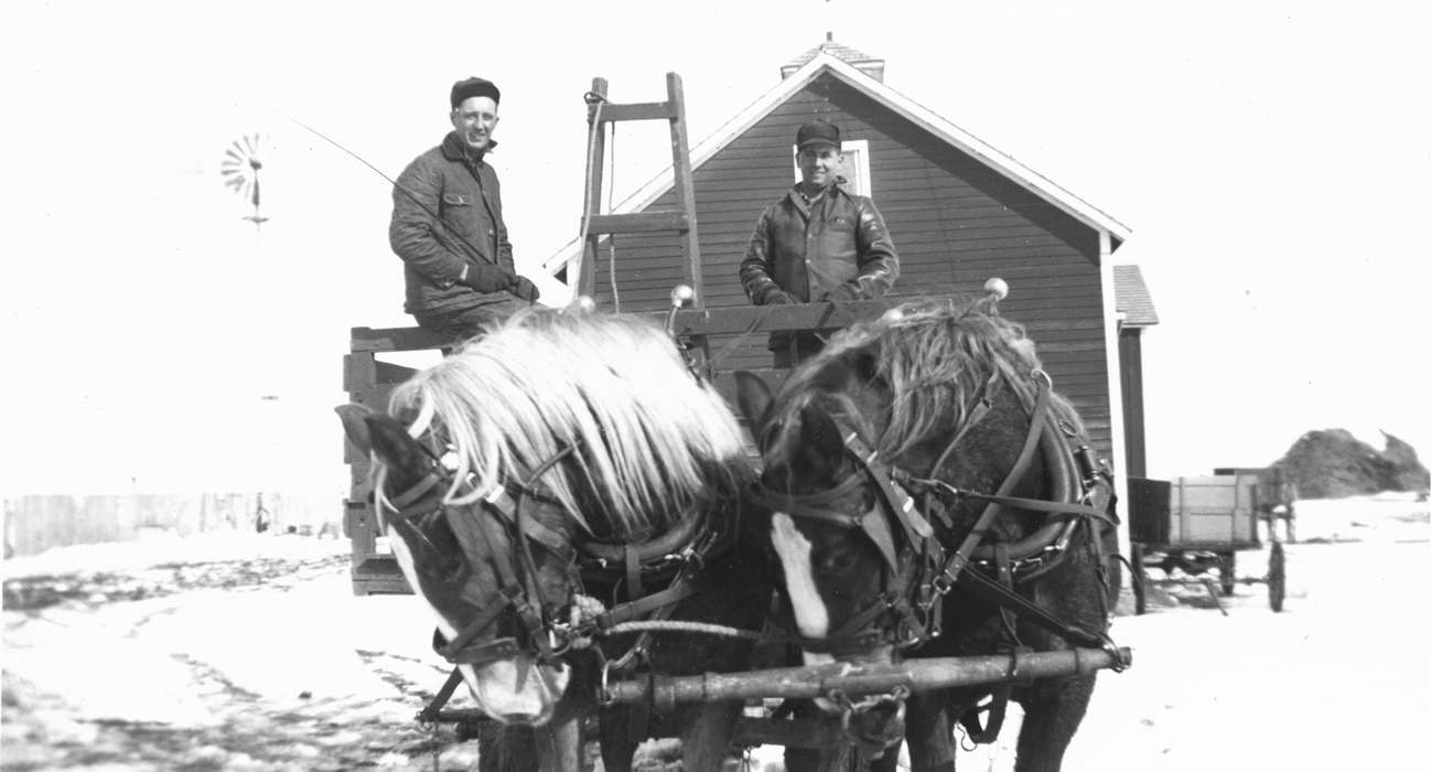 Walker, Erik, horse, wagon, snow, Portraits - Group, Farming Equipment, Farms, Cedar Falls, IA, belgian, Animals, Barns, history of Iowa, Iowa History, Iowa