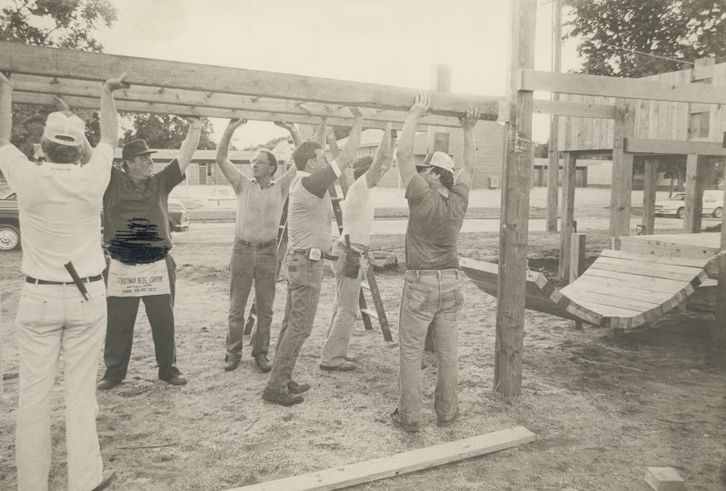 hammer, Waverly, IA, Iowa, Waverly Public Library, Outdoor Recreation, Schools and Education, blue jeans, monkey bars, wood, construction, boot, Iowa History, history of Iowa, hat, playground, Labor and Occupations