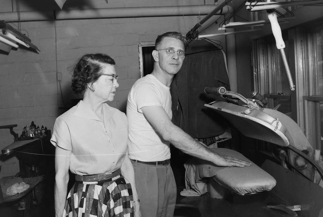 Portraits - Group, United States, history, ia, clothing, glasses, Labor and Occupations, dry cleaner, Photos, Coon Rapids Enterprise, hangers, historic, Iowa, IA, press, Coon Rapids