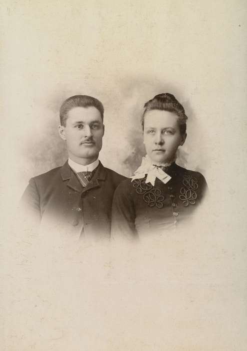 Olsson, Ann and Jons, embroidery, mustache, cabinet photo, couple, man, Iowa History, Portraits - Group, woman, Iowa, Harlan, IA, history of Iowa, ribbon