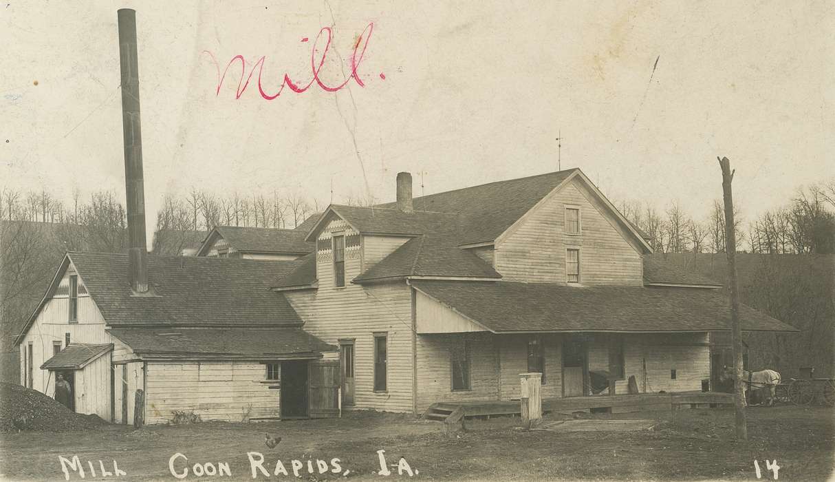 Labor and Occupations, Businesses and Factories, Portraits - Individual, cart, porch, Coon Rapids Enterprise, chimney, Animals, correct date needed, chicken